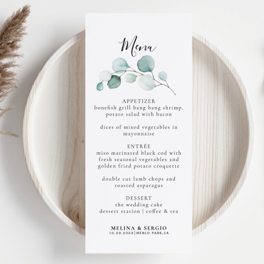 Classic Green Eucalyptus Calligraphy Wedding Menu