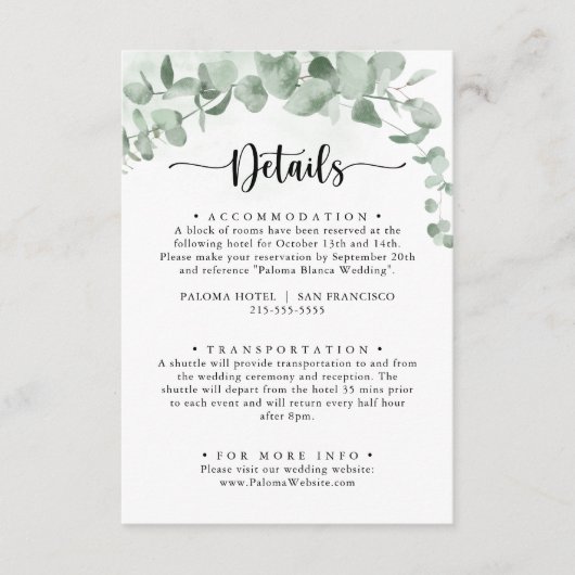 Classic Green Eucalyptus Foliage Weddenschap Detai Informatiekaartje (Voorkant)