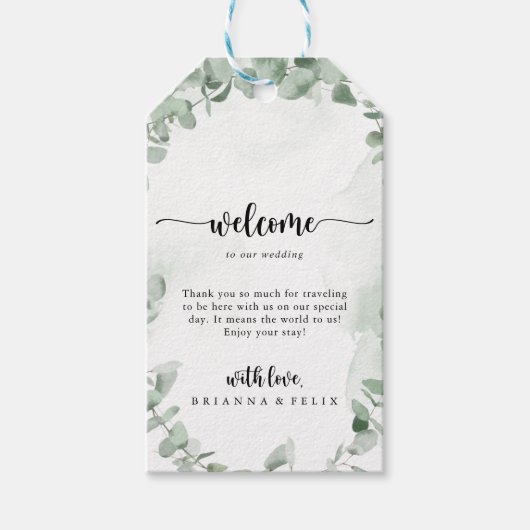 Classic Green Eucalyptus Foliage Weddenschap Welko Cadeaulabel (Voorkant)