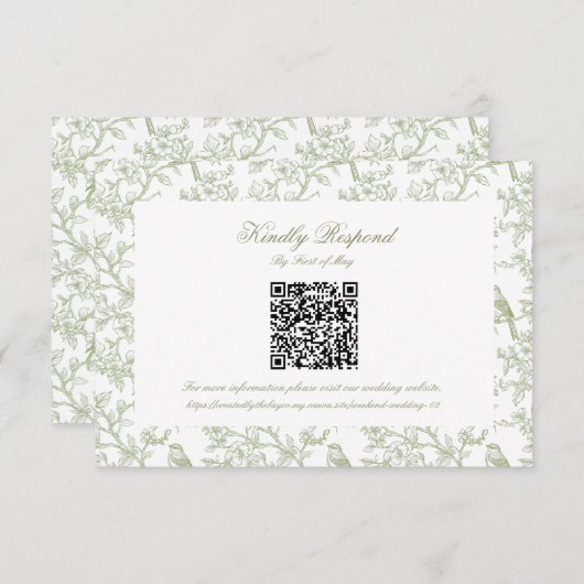Classic Green Floral and Bird Toile QR code RSVP (Voorkant / Achterkant)