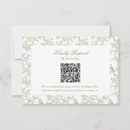 Classic Green Floral and Bird Toile QR code RSVP Kaartje