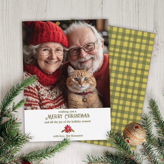 Classic Green Gingham Poinsettia 1 Foto Kerstmis Feestdagenkaart