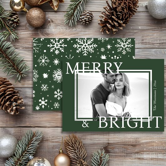 Classic Green Merry & Bright Bold Snowflake Photo Feestdagenkaart