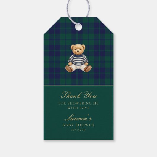 Classic Green Navy Plaid Bear Baby Shower  Cadeaulabel (Voorkant)