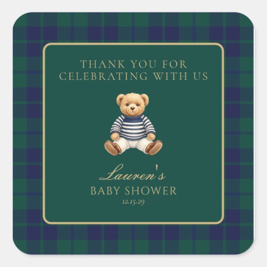 Classic Green Navy Plaid Bear Baby Shower Vierkante Sticker (Voorkant)