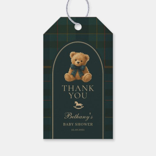 Classic Green Navy Plaid Teddy Bear Baby Shower Cadeaulabel (Voorkant)