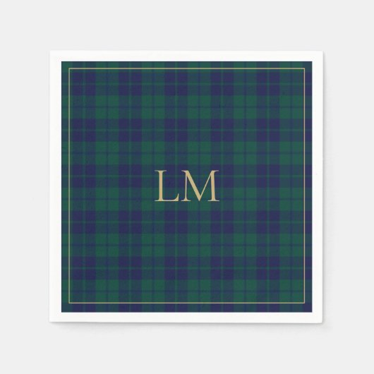 Classic Green Navy Tartan Plaid Gold Monogram Servet (Voorkant)