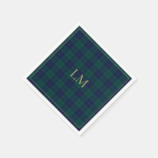Classic Green Navy Tartan Plaid Gold Monogram Servet (Hoek)