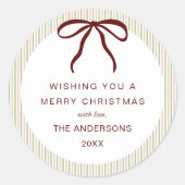 Classic Green Pink Stripes Red Bow Merry Christmas Ronde Sticker (Voorkant)