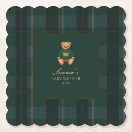 Classic Green Plaid Bear Baby Shower  Kartonnen Onderzetters (Voorkant)