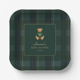 Classic Green Plaid Bear Baby Shower Papieren Bordje