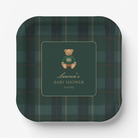 Classic Green Plaid Bear Baby Shower  Papieren Bordje (Voorkant)