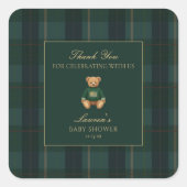 Classic Green Plaid Bear Baby Shower Thank You  Vierkante Sticker (Voorkant)