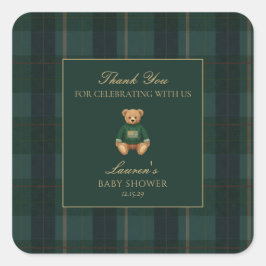 Classic Green Plaid Bear Baby Shower Thank You Vierkante Sticker