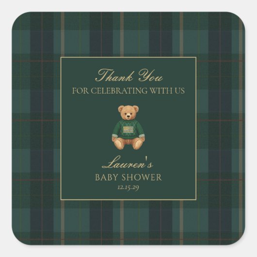 Classic Green Plaid Bear Baby Shower Thank You  Vierkante Sticker (Voorkant)