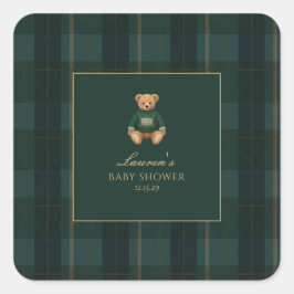 Classic Green Plaid Bear Baby Shower Vierkante Sticker