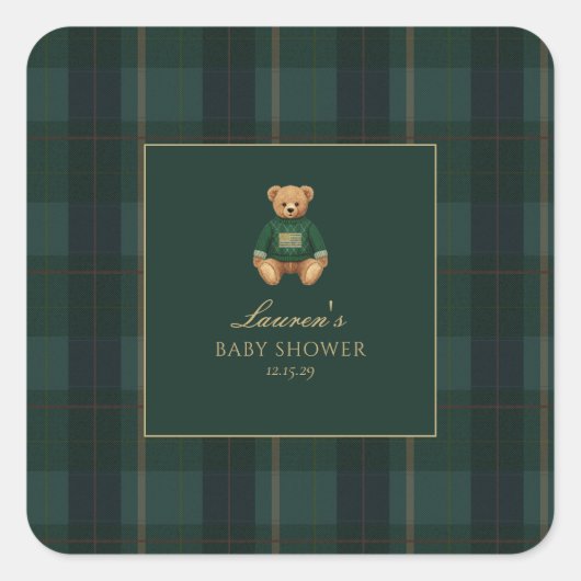 Classic Green Plaid Bear Baby Shower  Vierkante Sticker (Voorkant)