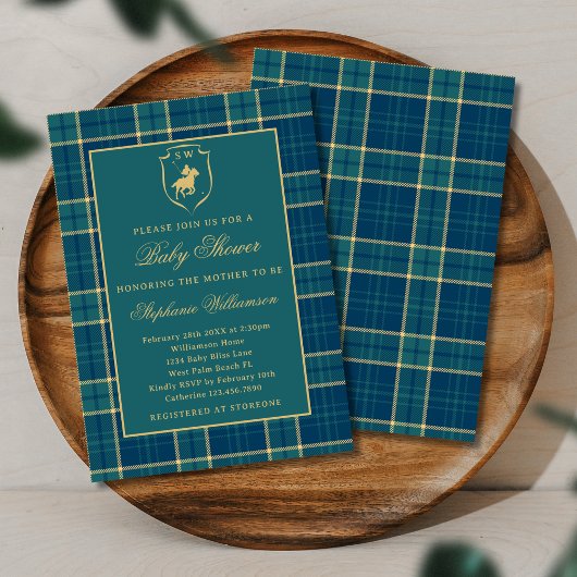Classic Green Plaid Polo Paardensport Baby shower Kaart