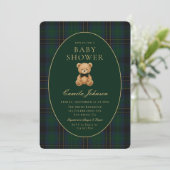 Classic Green Plaid Teddy Bear Baby Shower Kaart (Staand voorkant)
