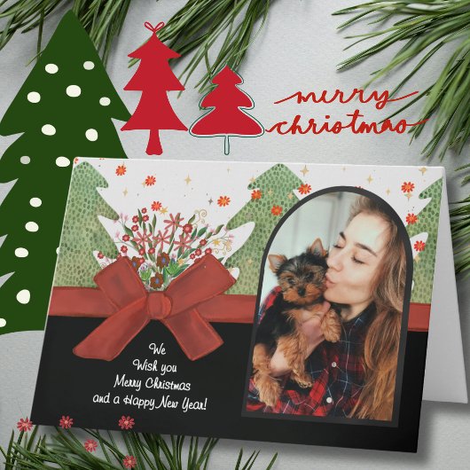 Classic Green & Red Festive Trees Photo Arch Feestdagen Kaart