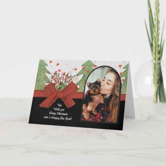 Classic Green & Red Festive Trees Photo Arch Feestdagen Kaart (Voorkant)