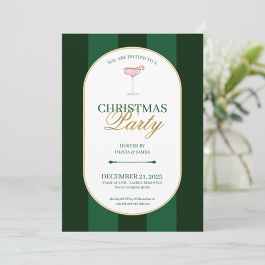Classic green stripe Christmas Invitation Kaart (Staand voorkant)