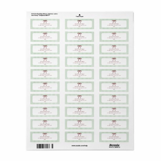 Classic Green Stripes Red Bow Christmas Etiket (Full Sheet)