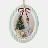Classic Green Stripes Red Bow Christmas Keramisch Ornament (Rechts)