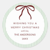Classic Green Stripes Red Bow Merry Christmas Ronde Sticker (Voorkant)