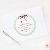 Classic Green Stripes Red Bow Merry Christmas Ronde Sticker (Envelop)