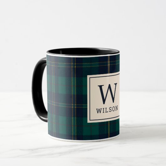 Classic Green Tartan Plaid Monogram Christmas Mok (Voorkant links)
