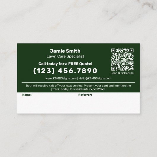 Classic Green & White Custom Image Lawn Service Aanbevelingskaartje (Achterkant)