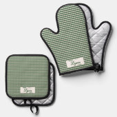 Classic Green & White Gingham | Personalized Name Ovenwant & Pannenlap Set (Voorkant / Achterkant)