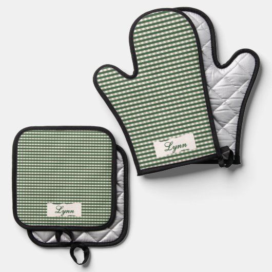 Classic Green & White Gingham | Personalized Name Ovenwant & Pannenlap Set (Voorkant / Achterkant)