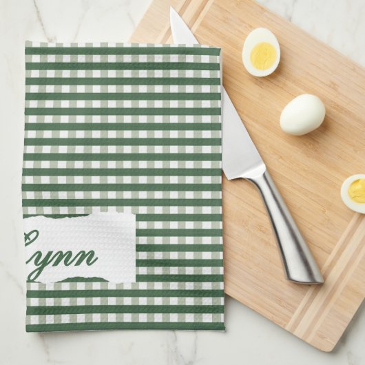 Classic Green & White Gingham | Personalized Name Theedoek (Quarter Fold)