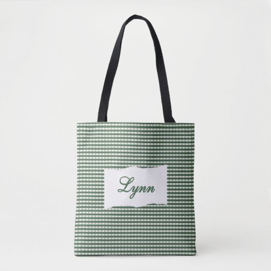 Classic Green & White Gingham | Personalized Name Tote Bag (Voorkant)