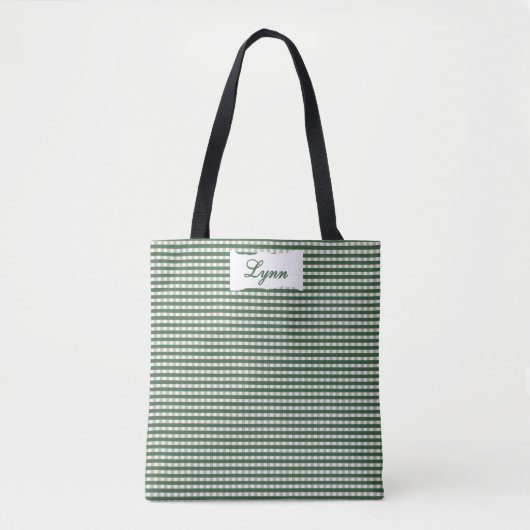 Classic Green & White Gingham | Personalized Name Tote Bag (Voorkant)