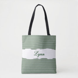 Classic Green & White Gingham | Personalized Name Tote Bag