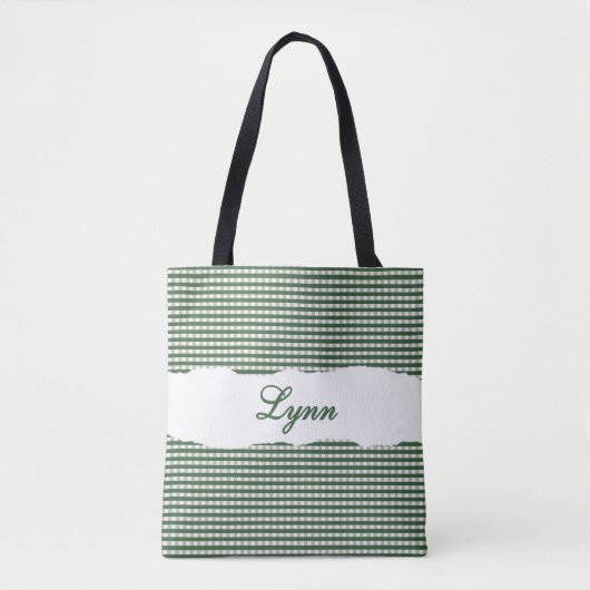 Classic Green & White Gingham | Personalized Name Tote Bag (Voorkant)
