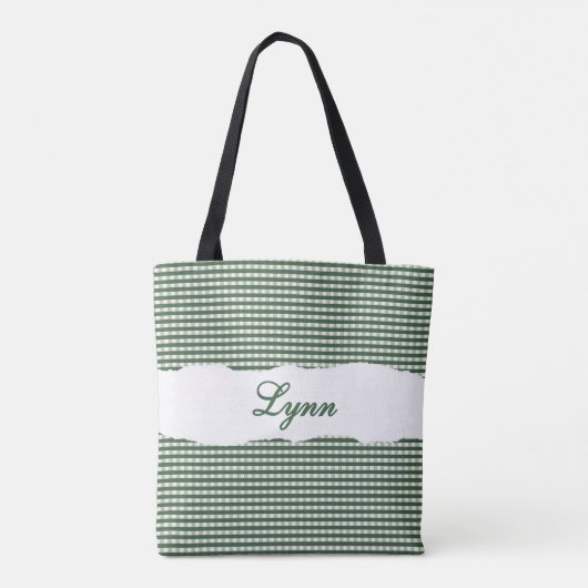 Classic Green & White Gingham | Personalized Name Tote Bag (Achterkant)