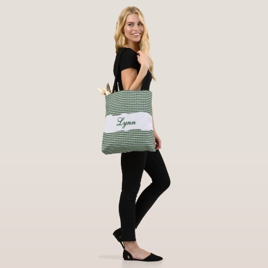 Classic Green & White Gingham | Personalized Name Tote Bag (Op model)
