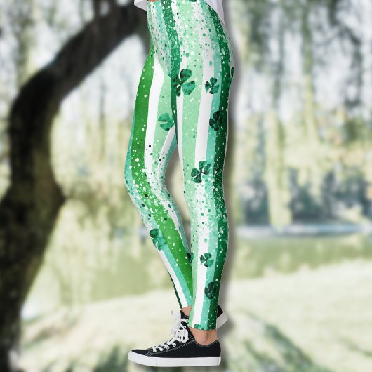 Classic Green White Vertical Stripes Shamrocks Leggings