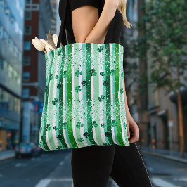 Classic Green White Vertical Stripes Shamrocks Tote Bag