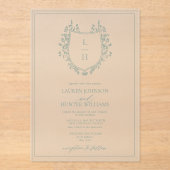 Classic Green Wildflower Monogram Crest Weddenscha Acryl Uitnodigingen (Voorkant)