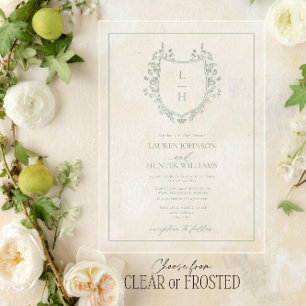 Classic Green Wildflower Monogram Crest Weddenscha Acryl Uitnodigingen