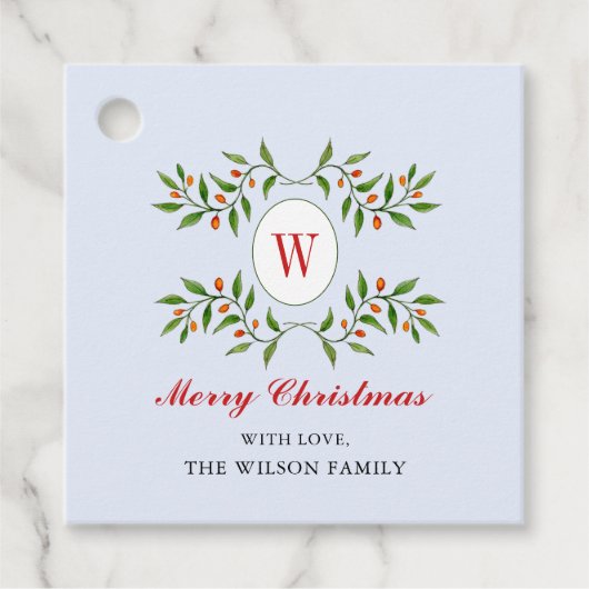 Classic Greenery & Citrus Monogram Kerstmis Favo Bedankjes Labels (Voorkant)