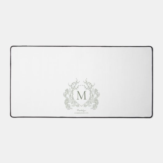 Classic Greenery Sage Green Floral Crest Monogram Bureaumat (Voorkant)