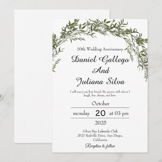 Classic Greenery Wedding Anniversary Invitations Kaart (Voorkant / Achterkant)