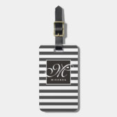 Classic Grey and White Striped Script Monogram Bagagelabel (Voorkant verticaal)