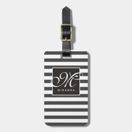 Classic Grey and White Striped Script Monogram Bagagelabel (Voorkant verticaal)
